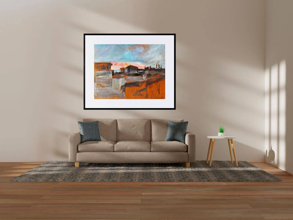 All'alba - Opera che rappresenta una città all'alba, con silhouette di edifici in lontananza.