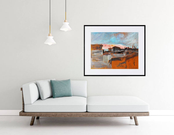 All'alba - Dipinto di una città all'alba, con edifici situati sullo sfondo luminoso, esposti in un cotesto elegante.