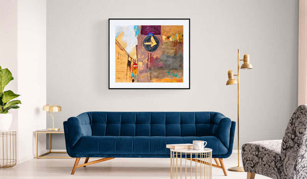 Case all'incrocio - Un'opera d'arte che mostra un segnale stradale e un edificio dietro di esso.