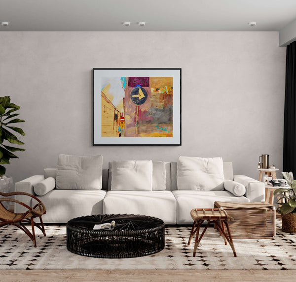 Case all'incrocio - Un dipinto di un cartello stradale con un edificio sullo sfondo, appeso nel soggiorno.