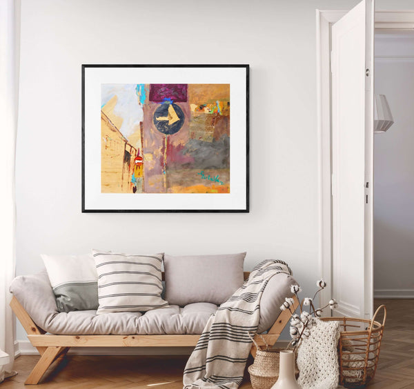 Case all'incrocio - Un'immagine pittorica di un segnale stradale e degli edifici in lontananza.