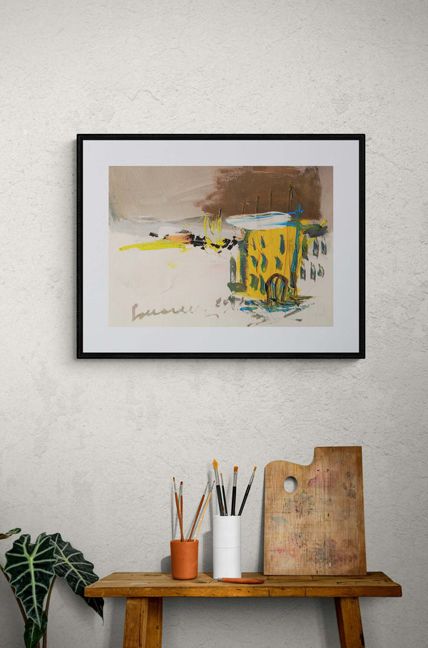 Dipingere l'inverno - Dipinto di un edificio giallo e tetto bianco, ambientato in un paesaggio invernale chiaro e sereno.