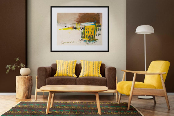 Dipingere l'inverno - Opera che rappresenta un edificio giallo con tetto bianco, circondato da un paesaggio invernale luminoso.