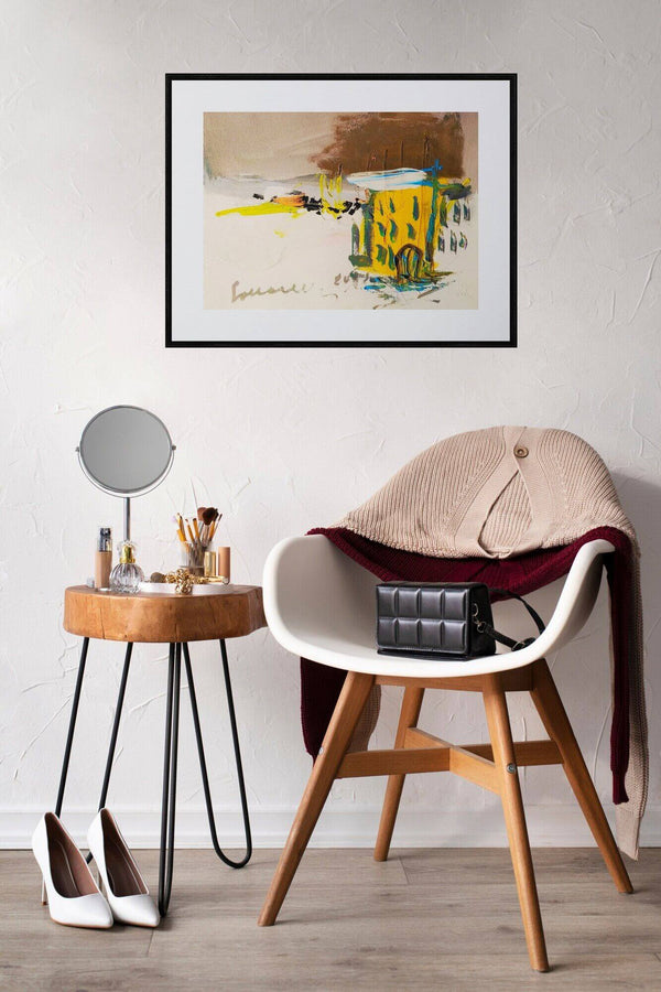 Dipingere l'inverno - Dipinto di un edificio giallo con tetto bianco, immerso in un paesaggio invernale chiaro e luminoso.