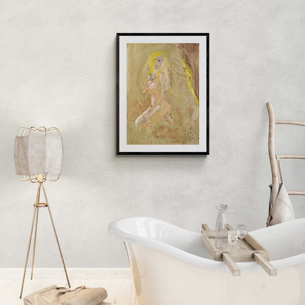 Donna e poesia - Dipinto di una donna nuda seduta, con un paesaggio naturale sullo sfondo.