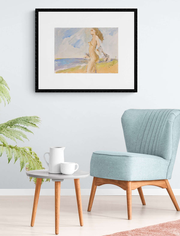 Eleganza in riva al mare - Dipinto di una donna nuda sulla spiaggia, con onde che si infrangono e un cielo sereno sullo sfondo.