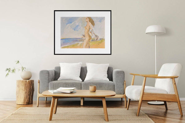 Eleganza in riva al mare - Dipinto di una figura femminile nuda sulla spiaggia, con il mare e il sole che creano un'atmosfera serena.