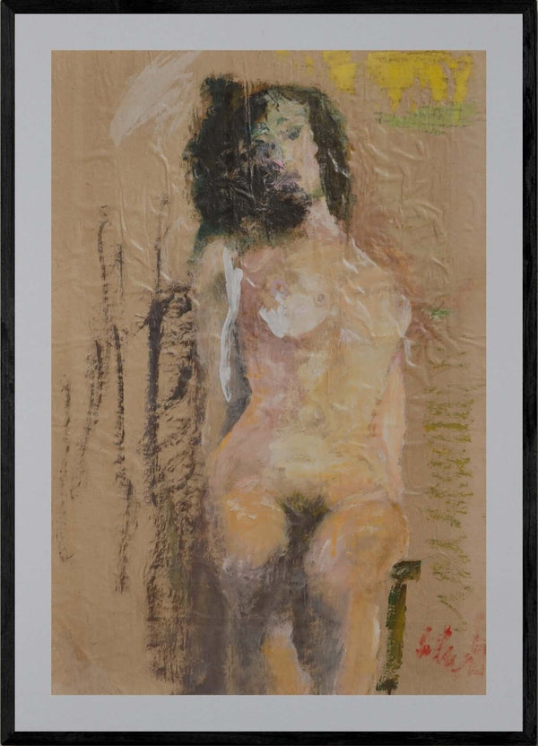 Essenza femminile - Opera d'arte originale acrilico e collage su carta gialla di Tonino Gottarelli, 55x36 cm (21,6x14,1 in)