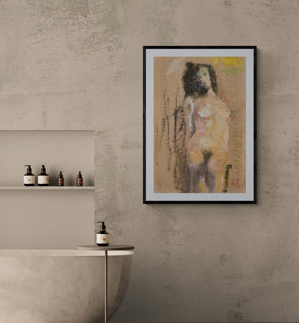 Essenza femminile - Dipinto di una figura femminile nuda su una sedia, caratterizzato da linee fluide e un'illuminazione delicata.