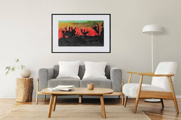 Fiamme al tramonto - Alberi al tramonto, dipinto che cattura la bellezza del paesaggio con tonalità calde.