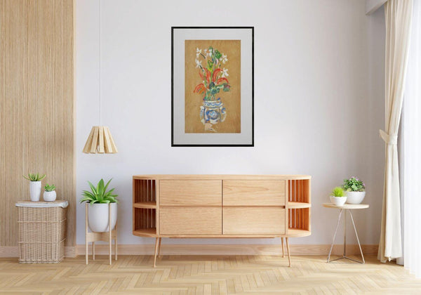 Fiori nel loro profumo - Un vaso di fiori dipinto ad acrilico con petali vivaci e foglie verdi.