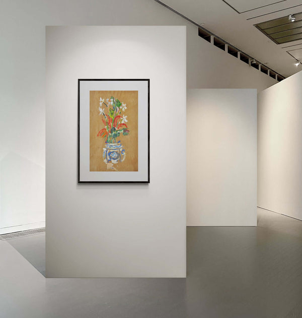 Fiori nel loro profumo - Un dipinto originale di un vaso con fiori colorati su uno sfondo neutro.