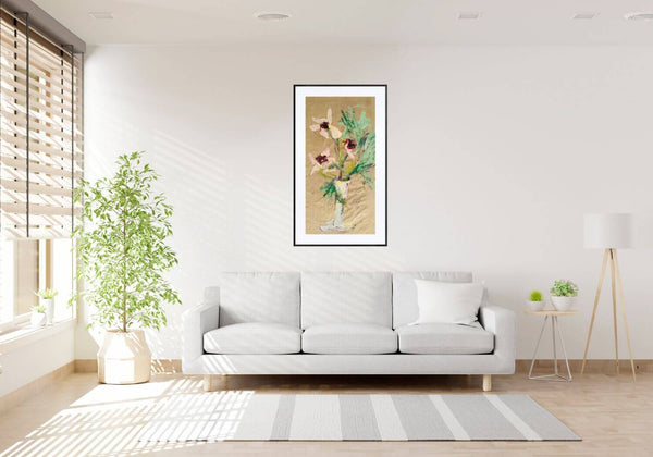 Dipinto originale ‘Fiori testimonianze del silenzio’ nel soggiorno.