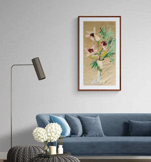 Quadro d’arte ‘Fiori testimonianze del silenzio’ in casa sopra un divano