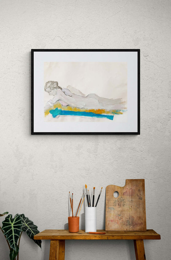 Giallo e azzurro - Quadro originale di una figura femminile nuda sdraiata, simbolo di riposo e intimità.