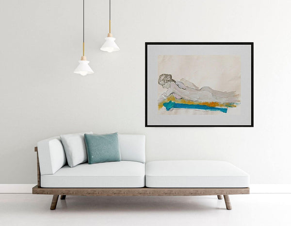 Giallo e azzurro - Opera d'arte ambientata in salotto con arredamento contemporaneo.