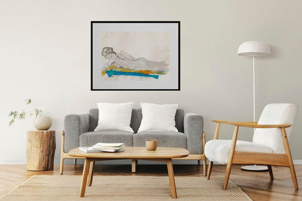 Giallo e azzurro - Nudo femminile su un sofà giallo e azzurro; matita e acrilico