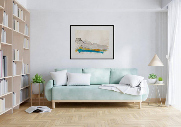 Giallo e azzurro - Illustrazione di una donna nuda distesa su un asciugamano, evocando un'atmosfera di calma e serenità.