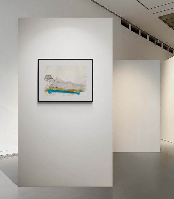 Giallo e azzurro - Disegno di una donna nuda sdraiata su un asciugamano, in un contesto di relax e tranquillità.