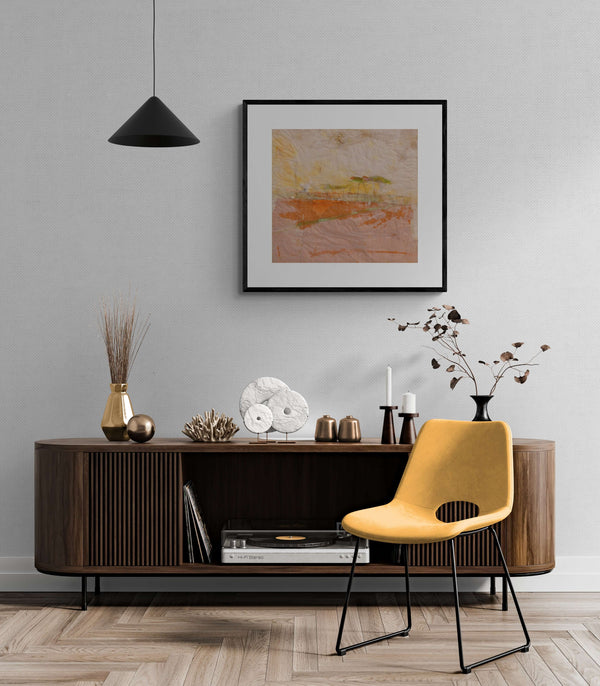 I sedici pini - Pittura di un campo con alberi, realizzata a collage, evocando tranquillità e nostalgia.