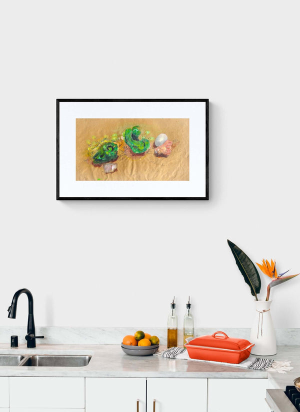 Il bianco dell'uovo - Pittura originale con elementi di natura morta come peperoni, uva, uova e cipolla.