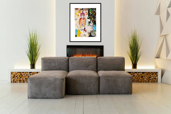 Il girasole - Opera d'arte originale ambientata in salotto con arredamento contemporaneo.