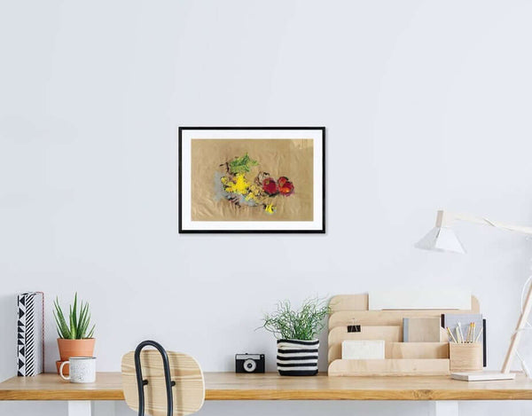 Il grappolo d'uva - Dipinto di frutta e foglie su carta, caratterizzato da un uso armonioso dei colori e delle forme.