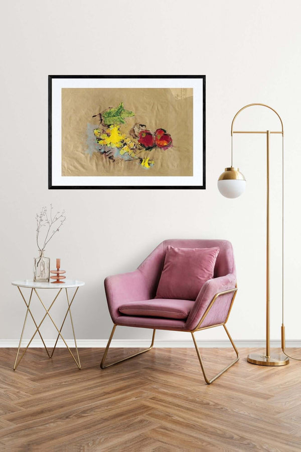 Il grappolo d'uva - Opera d'arte che rappresenta frutta e foglie su carta, con tonalità naturali e texture delicate.