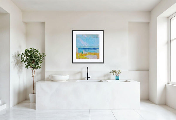 Quadro d'arte Il mare è una linea di Gottarelli esposto in stanza da bagno