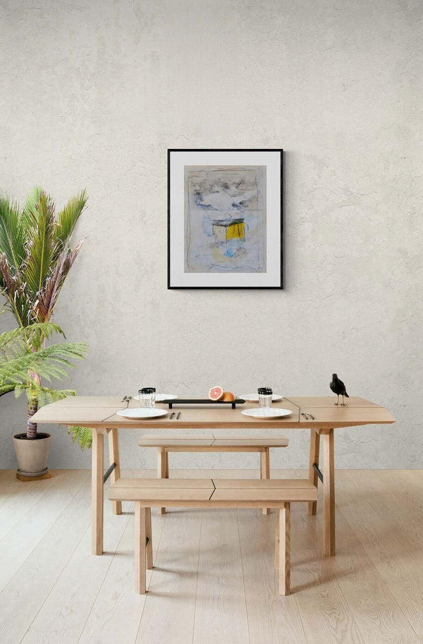 Il muro giallo sulla neve - Dipinto che presenta un muro giallo, parte di un collage invernale con elementi visivi accattivanti.