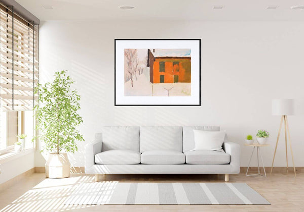 Il muro rosso sulla neve - Dipinto di una casa innevata con alberi sullo sfondo, in contesto abitativo.