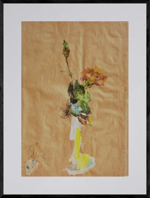 Il passato di una rosa - Opera d'arte originale acrilico e collage su carta gialla di Tonino Gottarelli, 55x38 cm (21,6x14,9 in)