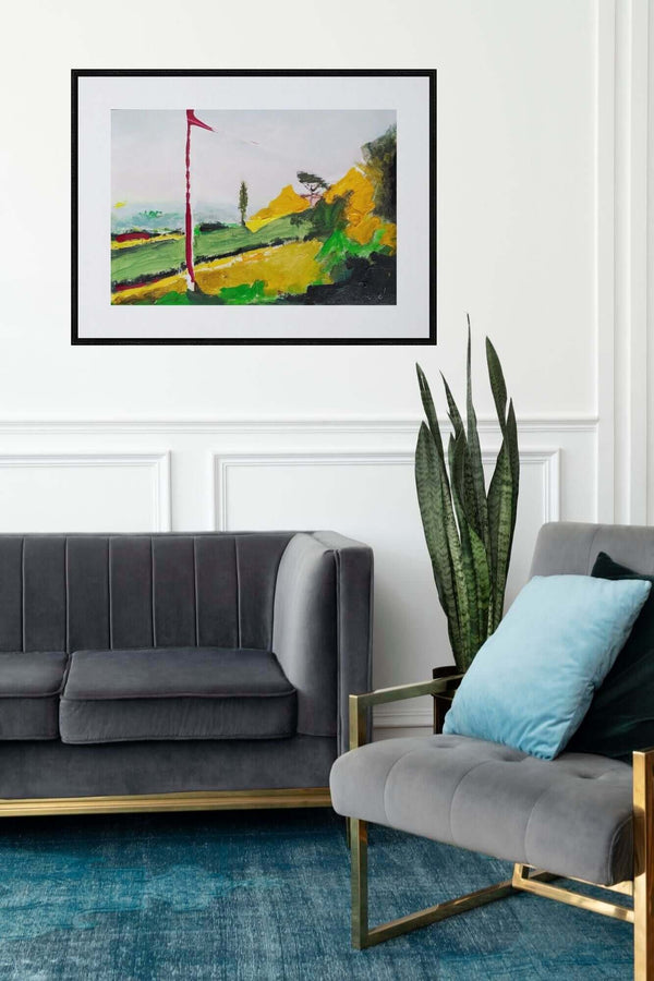 Il pendio - Un'immagine con un palo rosso posizionato su una collina dalla pennellata sciolta e gestuale. Autenticità garantita.