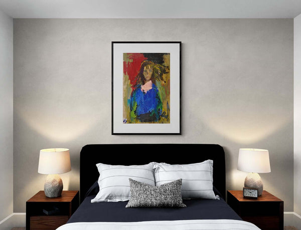 Il rosa della sciarpa - Dipinto di una donna con capelli lunghi, indossando una camicia blu e scierpa rosa.