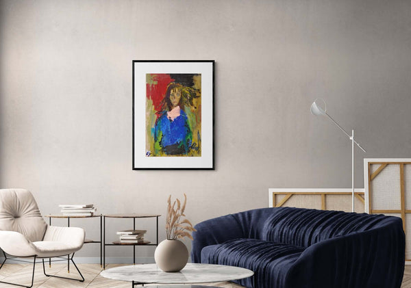 Il rosa della sciarpa - Opera d'arte ambientata in salotto con arredamento contemporaneo.