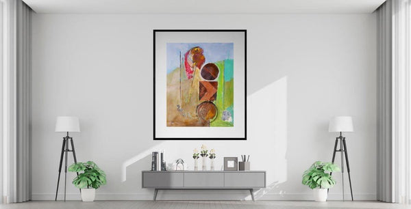 Il segnale nel paesaggio - Quadro con una fusione di elementi astratti e figurativi, ambientato in salotto con arredamento contemporaneo.