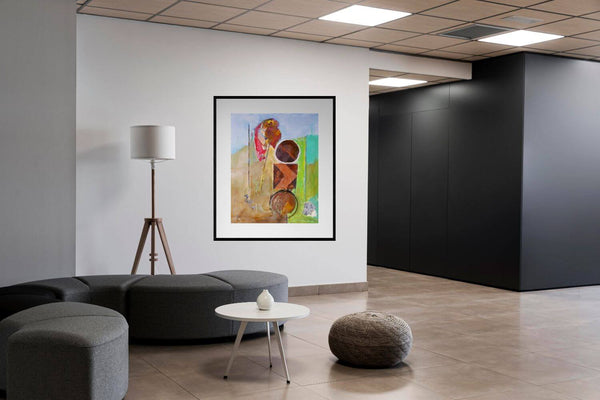 Il segnale nel paesaggio - Un dipinto che combina elementi astratti e figurativi, esposto in contesto lavorativo.