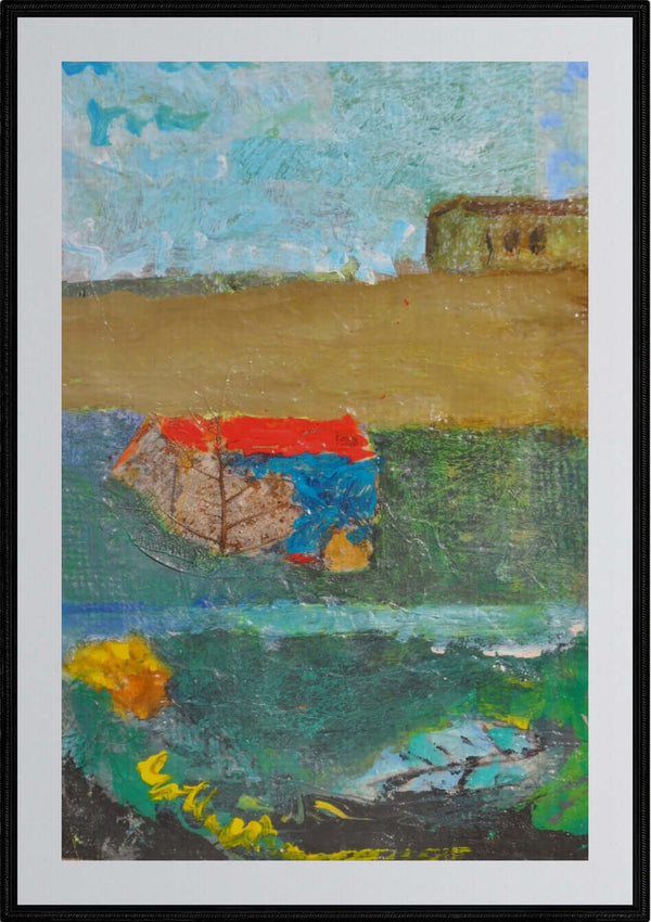 Il tetto rosso - Opera d'arte acrilico e collage su carta velina incollata su tela di juta di Tonino Gottarelli, 26x16 cm (10,2x6,2 in)