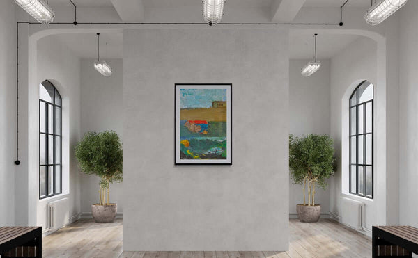 Il tetto rosso - Opera d'arte ambientata in spazio lavorativo con arredamento contemporaneo