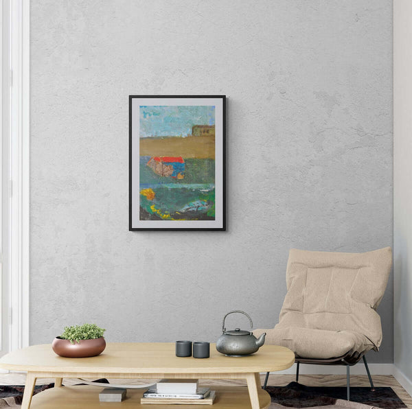 Il tetto rosso - Un dipinto che rappresenta una casa in un prato verde e una casa visibile sulla collina.