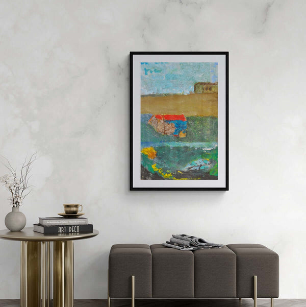 Il tetto rosso - Un dipinto con una casa nel prato e una casa sullo sfondo per prospettiv