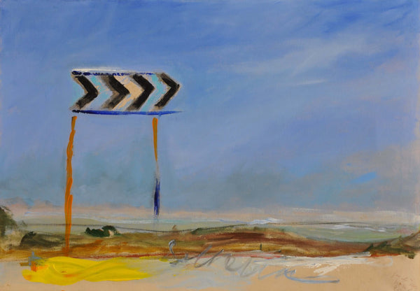 Il volo di una rondine - Original Italian Landscape featuring a directional road sign against a blue sky.