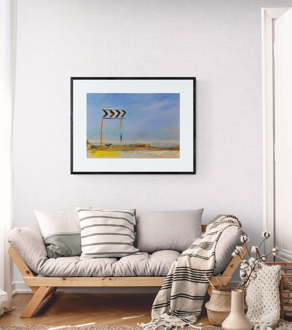 Il volo di una rondine - Original Italian Landscape painting framed and displayed in a modern living room.