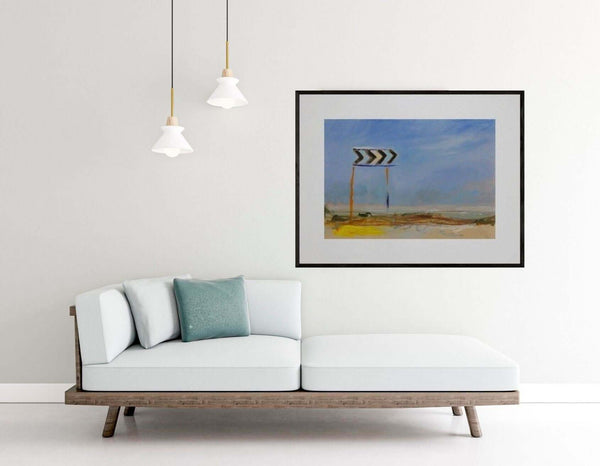 Il volo di una rondine - Original Italian Landscape painting displayed in a modern living room setting.