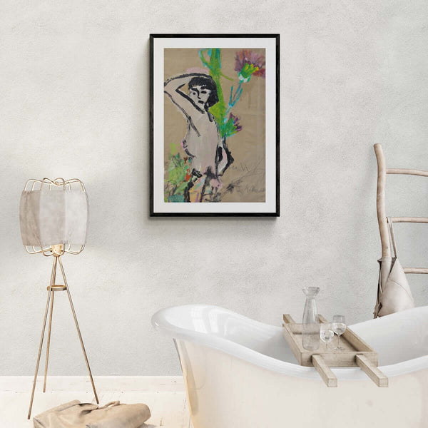 In armonia - Pittura di una figura femminile nuda circondata da fiori, unione di bellezza e natura.