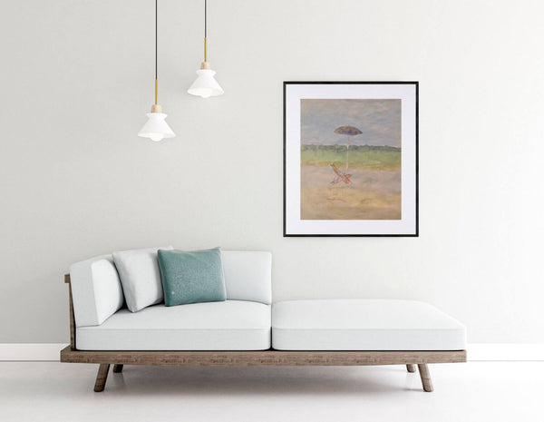 In riva al mare - Un'opera d'arte che mostra una sedia da spiaggia e un ombrellone sulla sabbia.