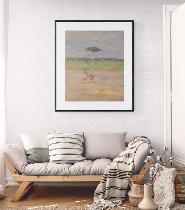 In riva al mare - Un dipinto di una sedia da spiaggia con un ombrellone, immersi nella sabbia.