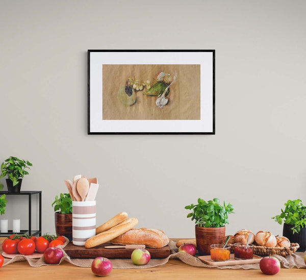 L'eleganza di una foglia - Un dipinto che ritrae una natura morta, evidenziando la bellezza naturale dei frutti.