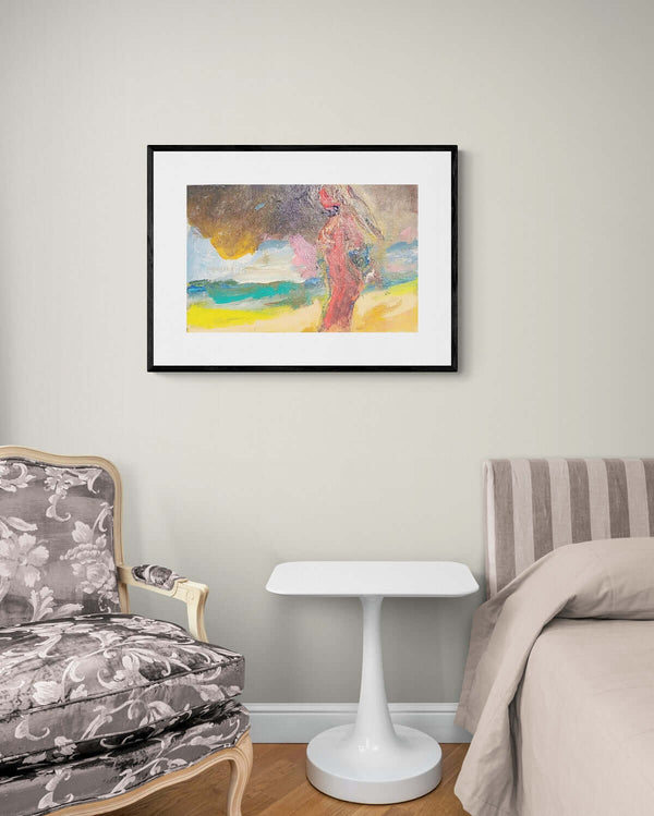 L'orizzonte sul mare - Dipinto di donna vestita, in piedi sulla spiaggia, con onde che si infrangono.