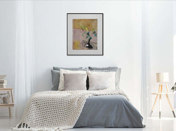 La ginestra - Un'immagine di un vaso con fiori freschi e foglie, realizzata con pennellate artistiche.